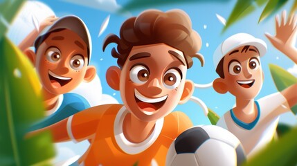 Three boys, full of enthusiasm and energy, play soccer on a sunny day, depicting the unbridled joy and excitement of youth and outdoor playtime.