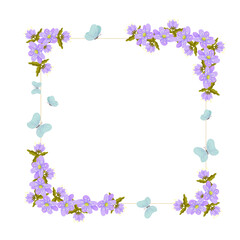 Botanical, colorful frame with flowers and butterflies. Vector graphics.