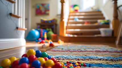 Blurred Interior Play Area for Children with Scattered Toys Under Stairs