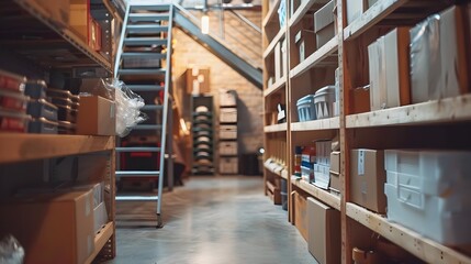 Blurred View of an Organized Storage Area Under Stairs with Shelves and Boxes