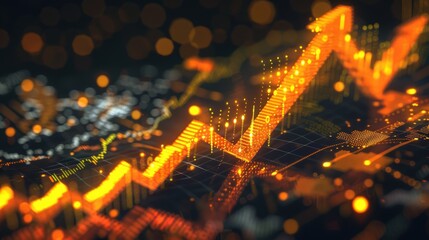 Digital orange arrow up with stock market graph and growth chart on dark background, yellow details, vector illustration, flat design, high-resolution, insanely sharp focus, , professional lighting.