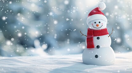 Fototapeta premium A snowman wearing a red scarf and a red hat
