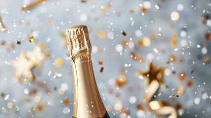 A bottle of champagne with a gold cap and gold star on the label