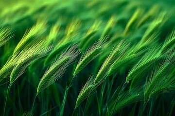 Vibrant close-up of lush green wheat field swaying gently in the breeze, symbolizing growth and abundance in a serene rural landscape.