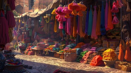 Naklejka premium A digital painting of a traditional Moroccan market stall displaying an array of tassels in various colors and sizes.