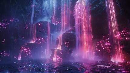 Ethereal Waterfall with Glowing Lights in a Mystical Cave
