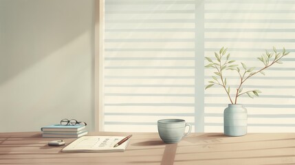 Fototapeta premium A serene workspace featuring a cup, plant, and books, with soft natural light filtering through elegant blinds.