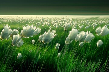 Dreamy field of white flowers under a gentle breeze, creating a serene and picturesque landscape...