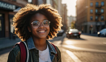 Fototapeta premium Portrait of a happy dark-skinned schoolgirl teenager with glasses On the street of the city in the sunlight. Back to school, correction of pupil eyesight.