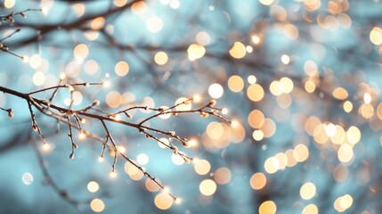 A tree branch with lights shining on it