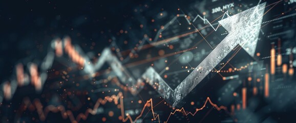 Digital silver arrow up with stock market graph and growth chart on dark background, bronze accents, vector illustration, flat design, detailed, , hyper-realistic, sharp focus, cinematic shot.