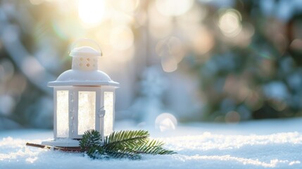 A white lantern sits on a snowy ground next to a pine branch