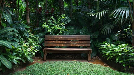Obraz premium garden oasis, backyard garden features a wooden bench amidst greenery, providing a serene setting for quiet reflection and relaxation