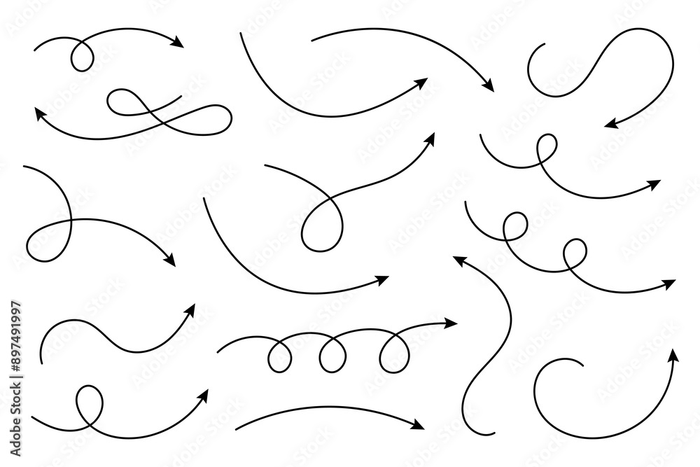 Poster Collection of curved arrows. Set simple curved hand drawn arrows. Collection of pointers.