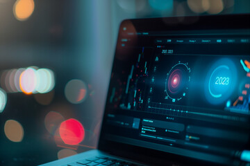 Laptop with rising bar graph showing "2023" and "horrors, financial growth of company", business graphs, data visualization, hologram numbers, background blur