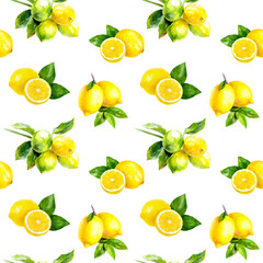 Lemon and leaf pattern on white background suitable for artistic and design projects