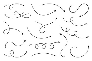 Collection of curved arrows. Set simple curved hand drawn arrows. Collection of pointers.