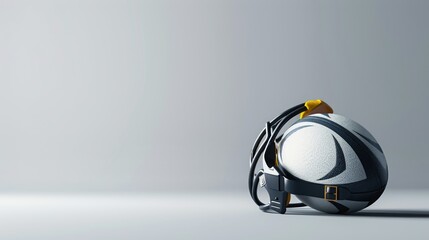 Rugby ball and helmet on gray background with space for text