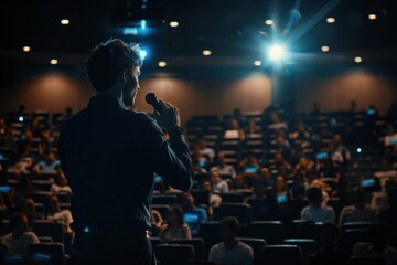 Fototapeta premium Man presenting to a large crowd in conference setting.