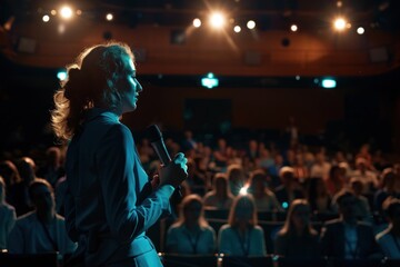 Woman delivering a speech at an illuminated conference