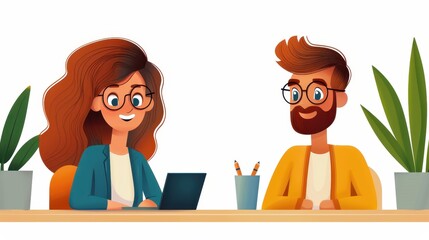 Illustration of two colleagues engaging in conversation across the table, one using a laptop and the other actively listening, surrounded by plants and stationery items.