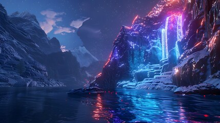 Magical Nighttime Waterfall in a Snowy Mountain Valley