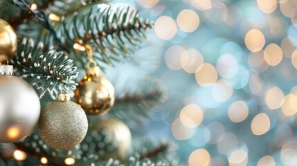 Fototapeta premium A Christmas tree with gold and silver ornaments hanging from it