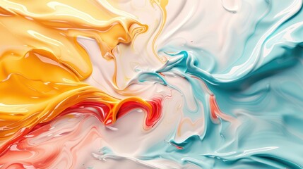 This abstract art piece presents a lively motion of colors including yellow, red, and blue, creating a visually captivating composition that emphasizes fluidity and energy.