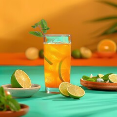 Refreshing Mexican Agua de Jamaica Drink with Lime and Mint Garnish on Isolated Background