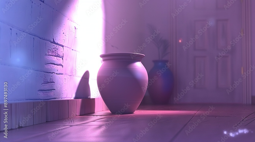 Sticker   A white vase sits on a tiled floor, adjacent to a white brick wall and illuminated by a purple light