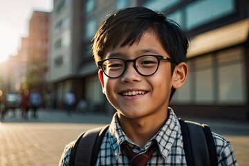 Obraz premium Portrait of a happy Asian schoolboy child with glasses On the street of the city in the sunlight. Back to school, correction of pupil eyesight.