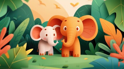 A digital illustration showcasing two elephants, one orange and one white, standing side by side in a lush jungle environment with big green leaves and a warm background.