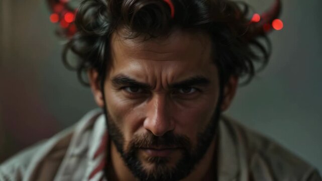 Portrait of handsome kind man turns into evil devil, morphing satan with horns. Concept toxic masculinity, male duplicity