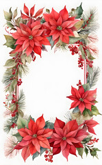 Obraz premium A whimsical Christmas poinsettia frame crafted from translucent watercolor paints, with delicate, layered petals, generative ai
