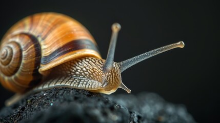 A detailed macro image captures a garden snail with its antennae and shell, set against a dark background