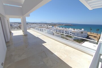 Fototapeta premium Bright beachfront balcony with white architecture and a stunning ocean view, capturing the serene beauty and tranquility of coastal living.