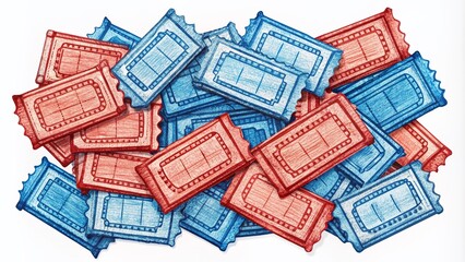 Fototapeta premium Vibrant red and blue raffle tickets scattered on a white background, crumpled and straight, with some curled edges, awaiting a lucky winner's selection.