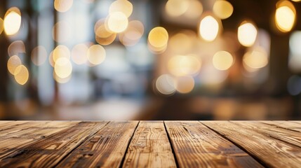 A wooden table with a blurry background and a light shining on it