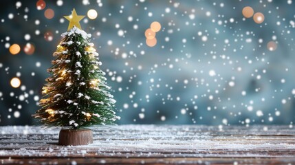 Obraz premium A small Christmas tree with a star on top is surrounded by snow