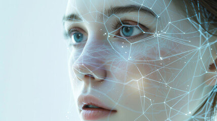 Portrait of a young woman on a white background with an abstract network or light connections near her face. Beauty concept, technology.