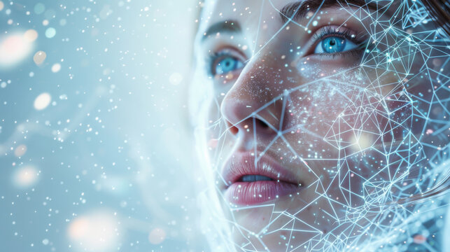 Portrait of a young woman on a white background with an abstract network or light connections near her face. Beauty concept, technology.