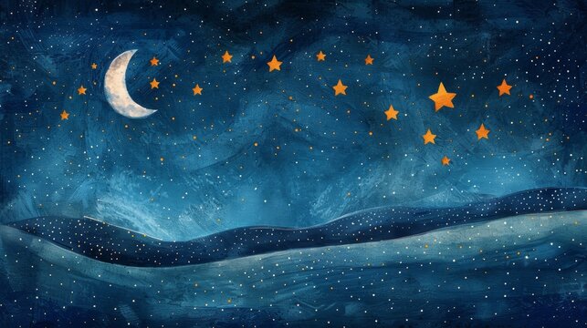 magical celestial illustration, creative moon doodle painting stars in the sky, with a whimsical variety of star characters observing, an enchanting illustration for a celestial theme