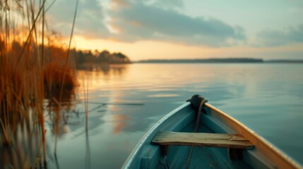 Obraz premium A serene lake view at sunrise with a boat, reed, and tranquil water reflecting the sky in the morning light