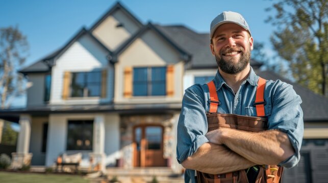 A man in a blue shirt and orange vest is standing in front of a house