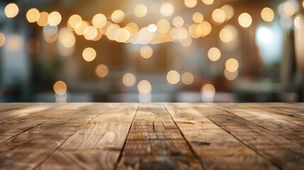 A wooden table with blurry background and lights in the background