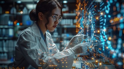 Ultra-Realistic Digital Rendering of Biochemist in Genetics Lab Conducting Molecular Experiment