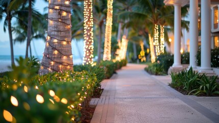 Obraz premium A walkway with lights on the trees and a beach in the background