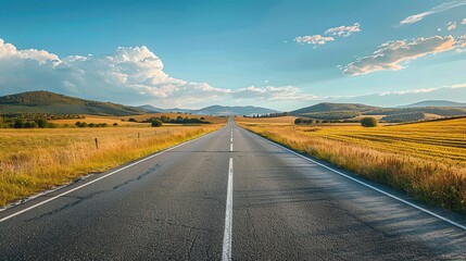 A serene landscape featuring an open road stretching into the distance, surrounded by lush fields under a bright blue sky.