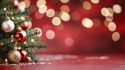 A red background with a Christmas tree in the foreground