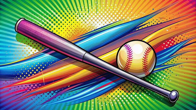Colorful illustration of a softball and bat stylized with bold lines and vibrant colors, perfect for sports-themed designs and digital projects.